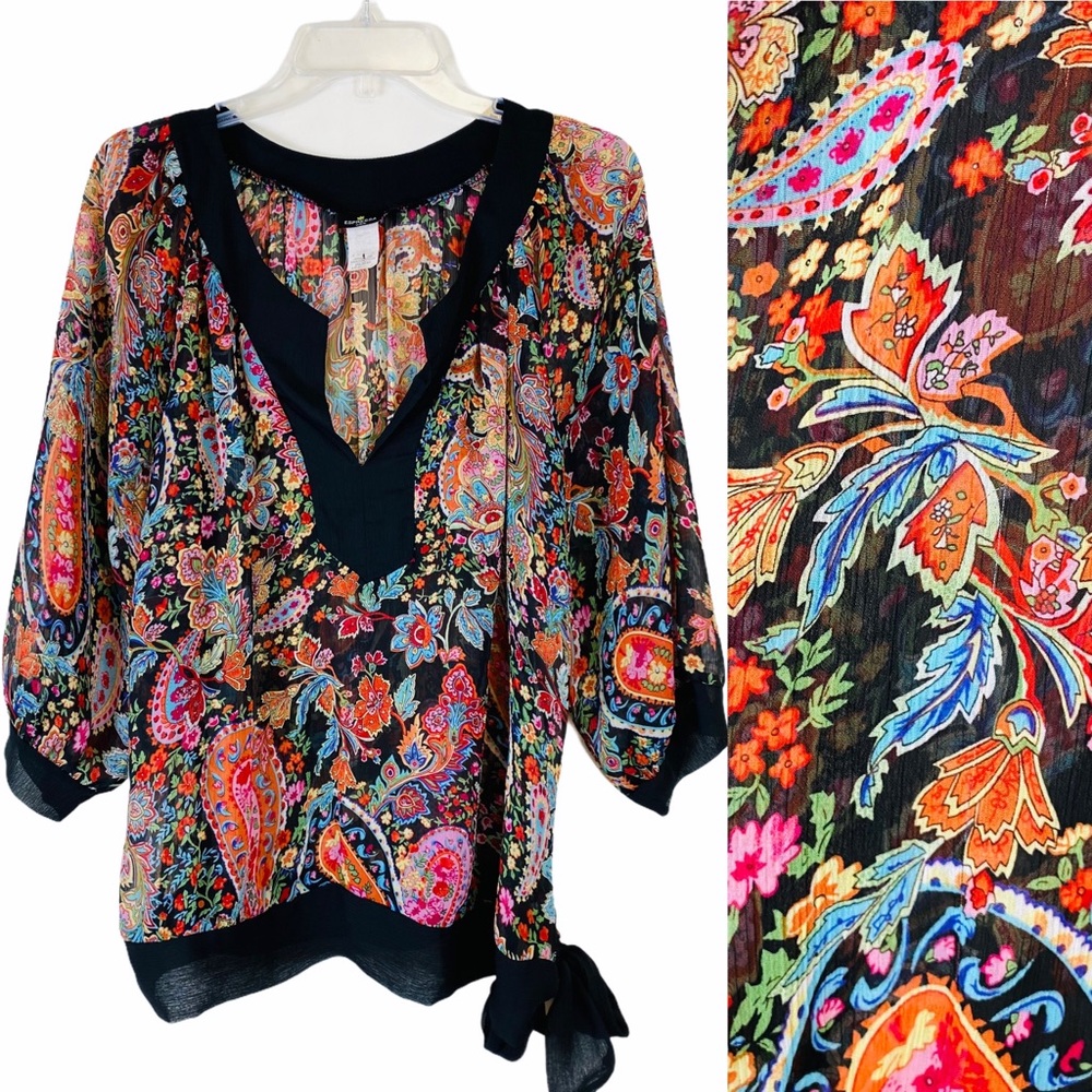 EUC Espressa Sheer Paisley Print Peasant Top